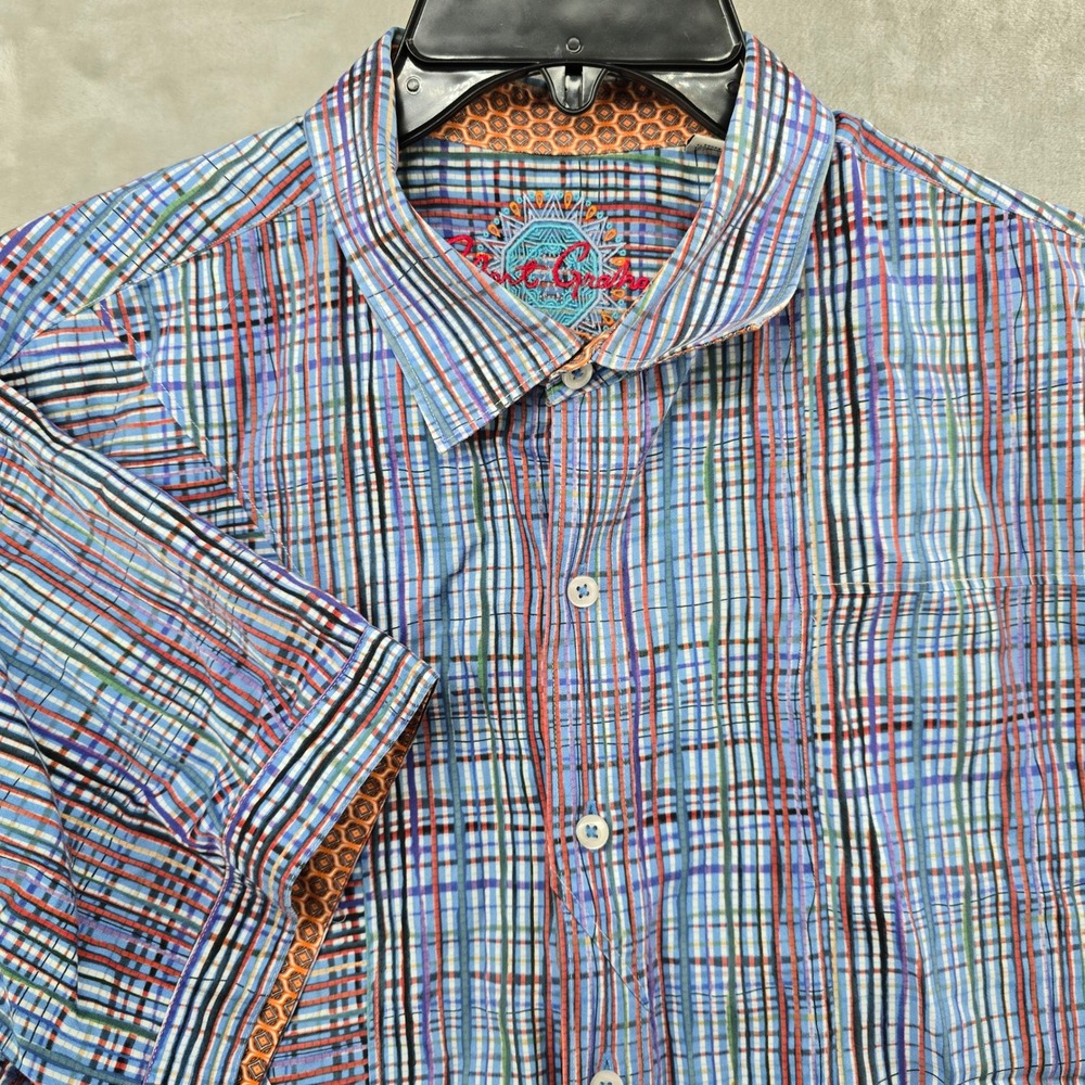 Robert Graham Mens XL Button Down Shirt Blue Multicolor Plaid Classic Fit SS